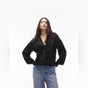 NWT Topshop ASOS Knot Front Satin Long Sleeve Balloon Sleeve Top Black Size 8